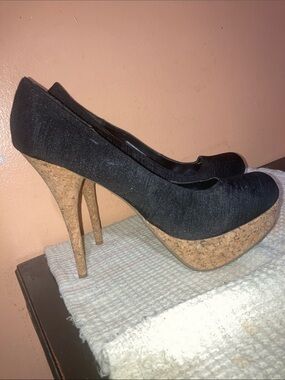 Club couture Black Fabric Platform Pumps with Cork Heel